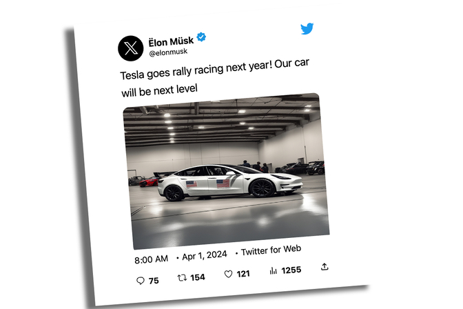 Tesla 1 April rallywagen